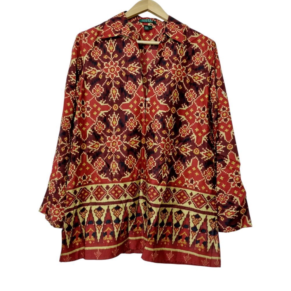 Lauren Ralph Lauren Women's Ikat Print Collared Cotton Popover‎ Blouse Artsy